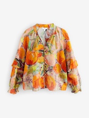 Orange Fruit Abstract Print Sheer Volume Long Sleeve Blouse - Image 6 of 8