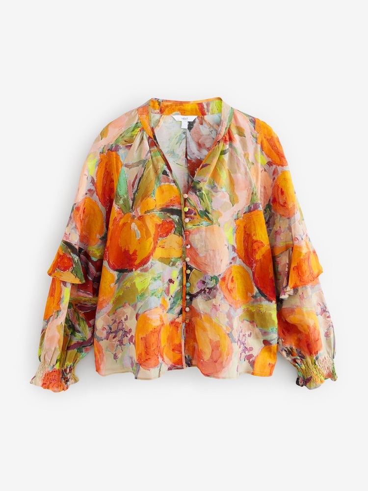 Orange Fruit Abstract Print Sheer Volume Long Sleeve Blouse - Image 6 of 8