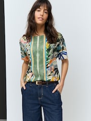 Green Abstract Border Palm Print Textured Boxy T-Shirt - Image 1 of 8