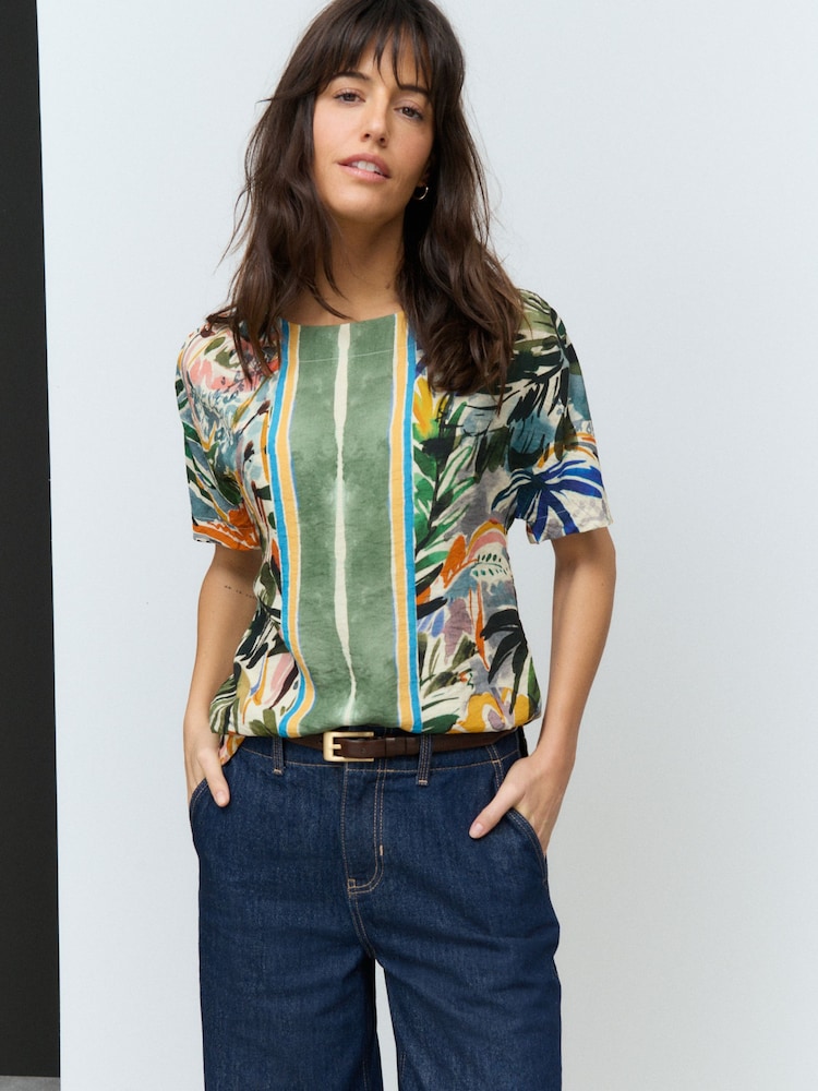 Green Abstract Border Palm Print Textured Boxy T-Shirt - Image 1 of 8