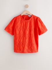 Red Textured Floral Cornelli Embroidered Short Sleeve 100% Cotton Blouse - Image 1 of 3