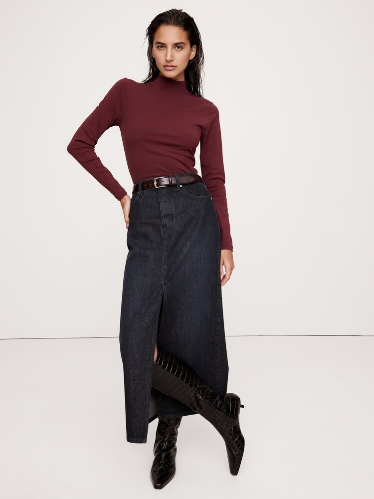 Banana Republic Burgundy Red Refined Mock-Neck Long Sleeve T-Shirt - Image 1 of 1