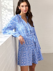 William Morris Blue/White Floral Print Tie Waist Long Sleeve Mini Shirt Dress - Image 1 of 7