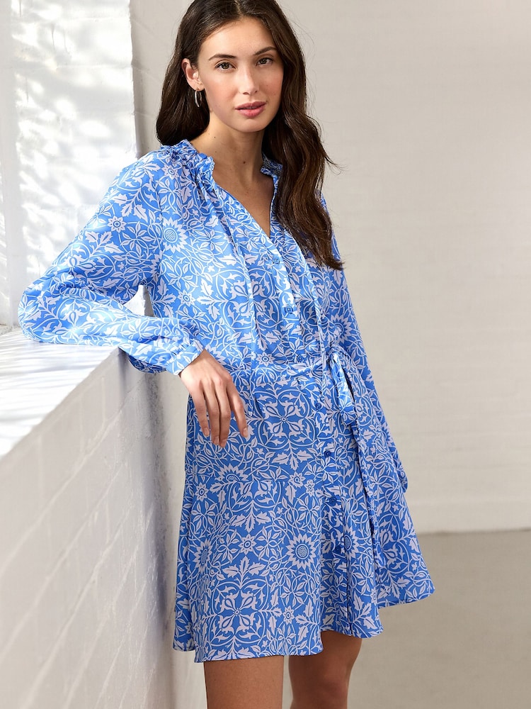 William Morris Blue/White Floral Print Tie Waist Long Sleeve Mini Shirt Dress - Image 1 of 7