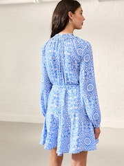 William Morris Blue/White Floral Print Tie Waist Long Sleeve Mini Shirt Dress - Image 3 of 7