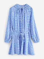 William Morris Blue/White Floral Print Tie Waist Long Sleeve Mini Shirt Dress - Image 5 of 7