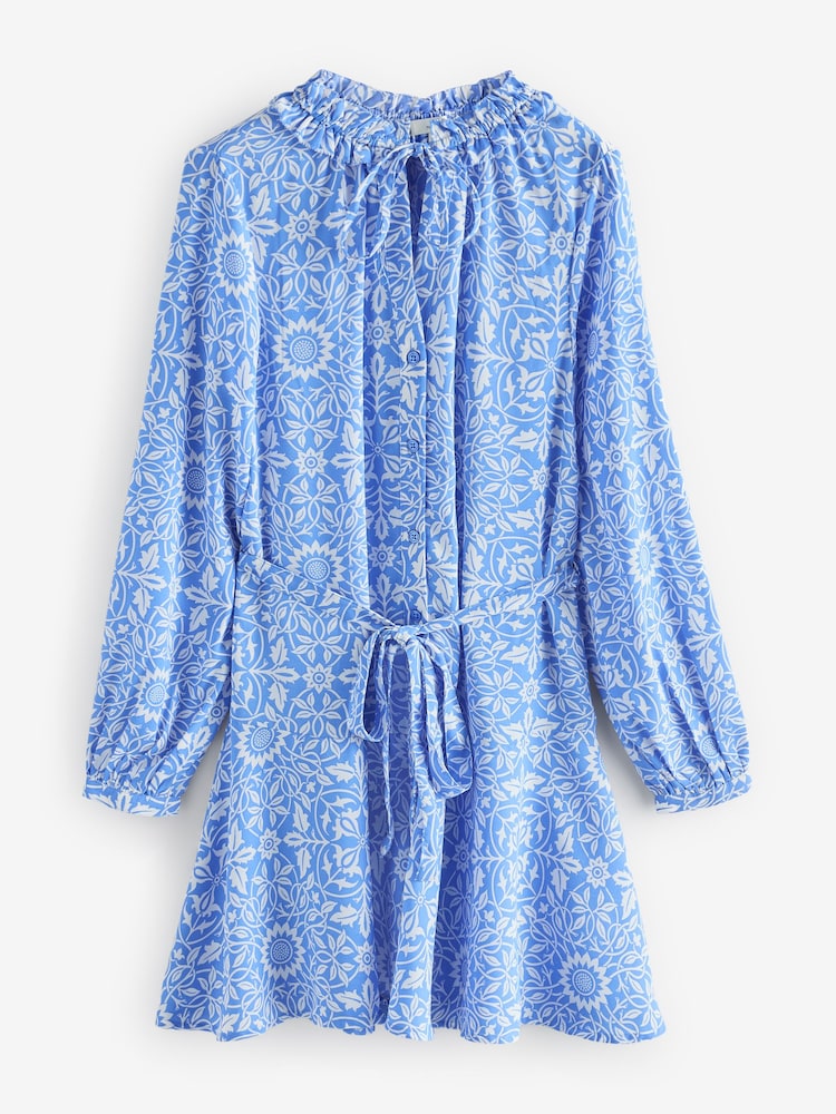William Morris Blue/White Floral Print - Sukienka koszulowa mini z długim rękawem i wiązaniem w talii - Image 5 of 7