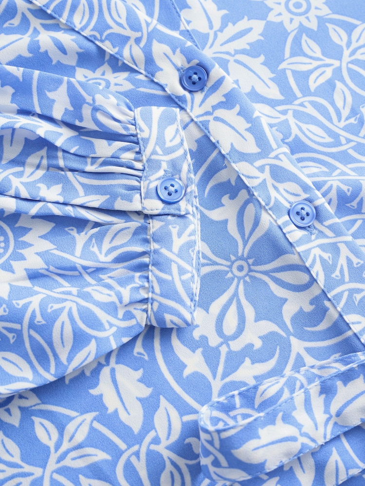 William Morris Blue/White Floral Print Tie Waist Long Sleeve Mini Shirt Dress - Image 7 of 7