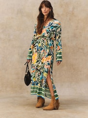 Green/Blue Palm Print Kimono Sleeve Tie Waist Maxi Dress - Image 1 of 5