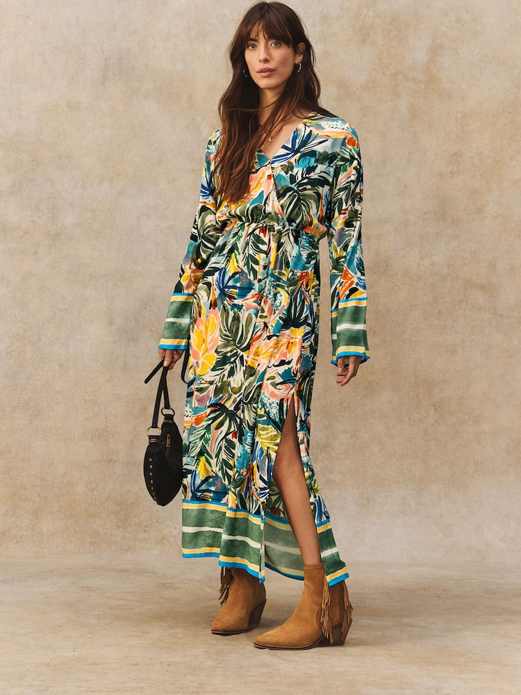 Green/Blue Palm Print Kimono Sleeve Tie Waist Maxi Dress - Image 1 of 5