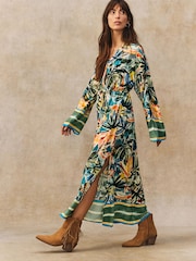 Green/Blue Palm Print Kimono Sleeve Tie Waist Maxi Dress - Image 2 of 5