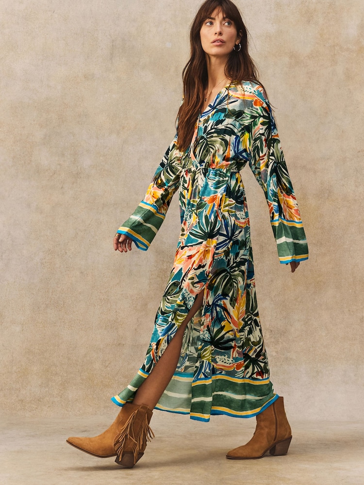 Green/Blue Palm Print Kimono Sleeve Tie Waist Maxi Dress - Image 2 of 5