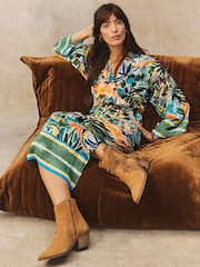 Green/Blue Palm Print Kimono Sleeve Tie Waist Maxi Dress - Image 3 of 5