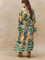 Green/Blue Palm Print Kimono Sleeve Tie Waist Maxi Dress - Image 4 of 5