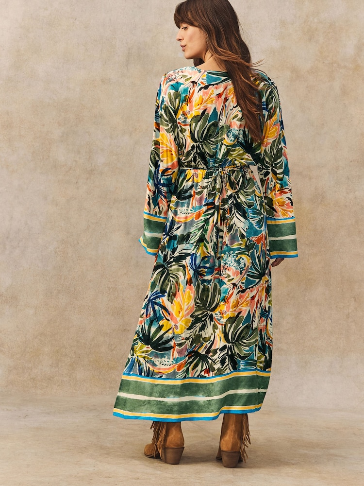 Green/Blue Palm Print Kimono Sleeve Tie Waist Maxi Dress - Image 4 of 5