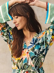 Green/Blue Palm Print Kimono Sleeve Tie Waist Maxi Dress - Image 5 of 5