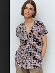 Navy/Brown Geo Print Relaxed Fit Short Sleeve Overhead V-Neck Blouse - Image 1 of 7