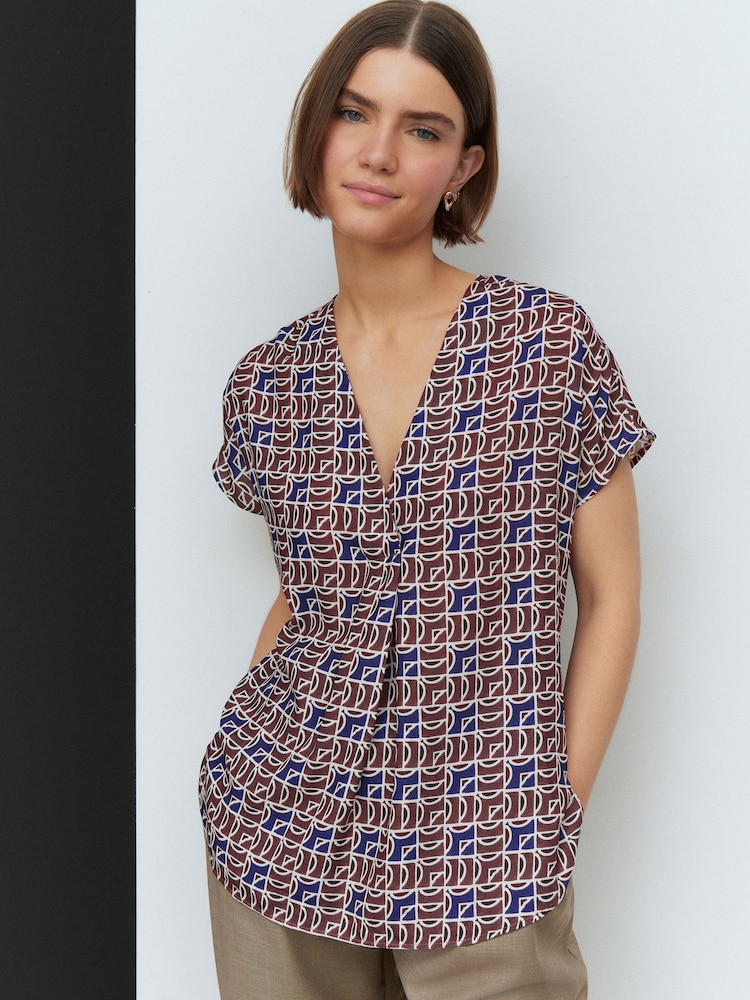 Navy/Brown Geo Print Relaxed Fit Short Sleeve Overhead V-Neck Blouse - Image 1 of 7
