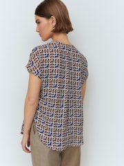 Navy/Brown Geo Print Relaxed Fit Short Sleeve Overhead V-Neck Blouse - Image 2 of 7