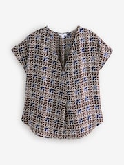 Navy/Brown Geo Print Relaxed Fit Short Sleeve Overhead V-Neck Blouse - Image 5 of 7