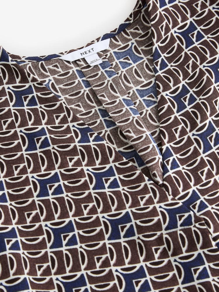 Navy/Brown Geo Print Relaxed Fit Short Sleeve Overhead V-Neck Blouse - Image 7 of 7