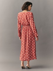 Terracotta and Cream Spot Kimono Sleeve Tie Waist Maxi Dress - Image 3 of 7
