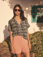 Abstract Print Short Sleeve Overhead 100% Linen Top - Image 1 of 7