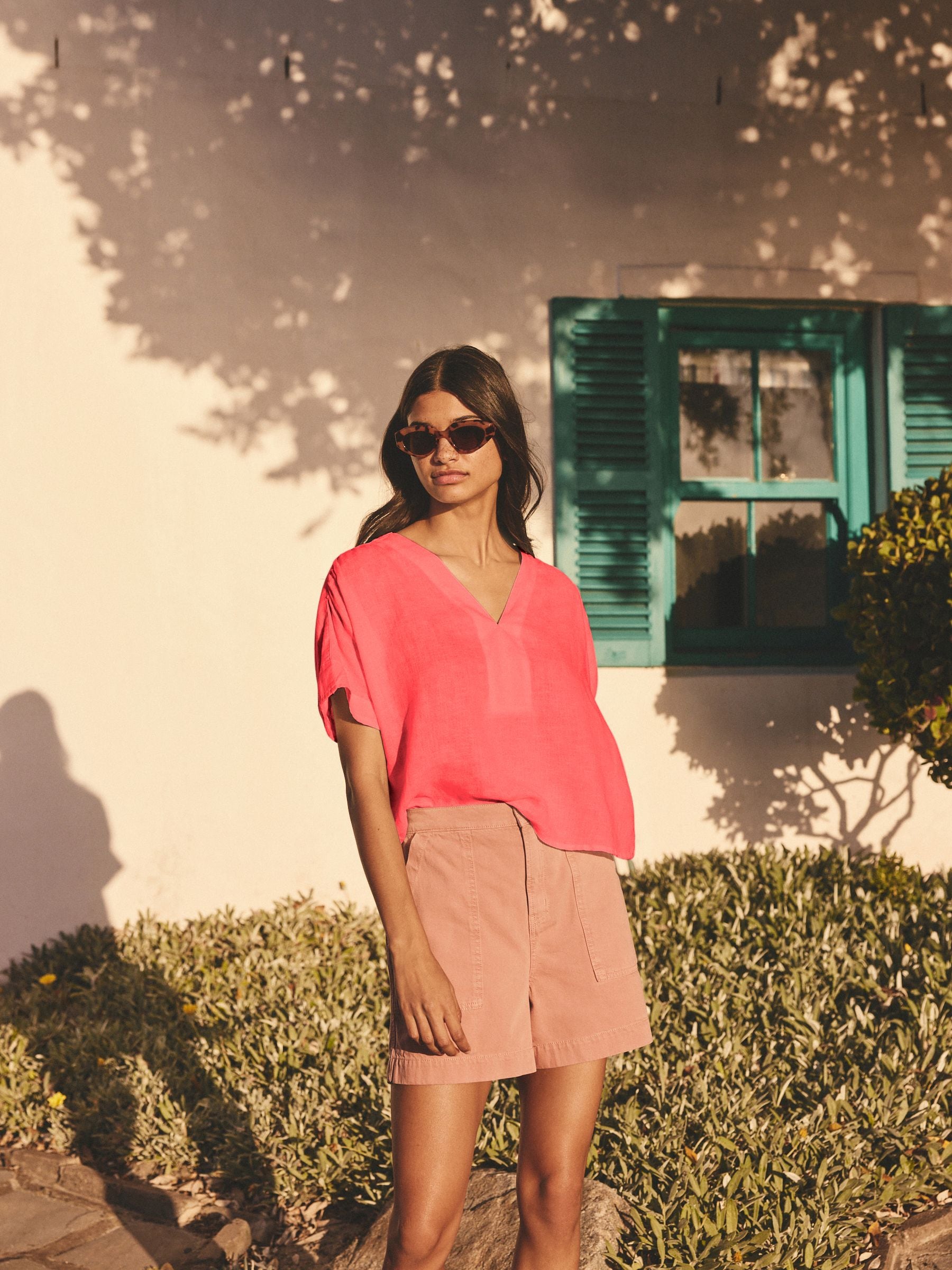Buy Coral Pink Short Sleeve Overhead 100% Linen Top from