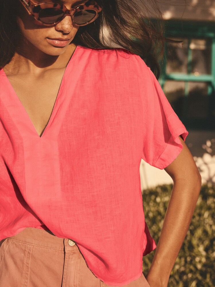Haut En Lin 100% Corail Saks Fifth Avenue - Taille S - Manches Courtes Col V - Occasion Très Bon état