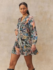 Green/Multicoloured Palm Print Boho Tie Waist Long Sleeve Mini Shirt Dress - Image 1 of 8