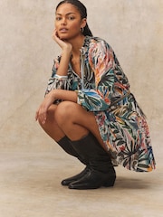 Green/Multicoloured Palm Print Boho Tie Waist Long Sleeve Mini Shirt Dress - Image 3 of 8