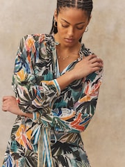 Green/Multicoloured Palm Print Boho Tie Waist Long Sleeve Mini Shirt Dress - Image 4 of 8
