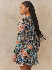 Green/Multicoloured Palm Print Boho Tie Waist Long Sleeve Mini Shirt Dress - Image 5 of 8