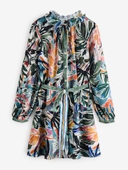 Green/Multicoloured Palm Print Boho Tie Waist Long Sleeve Mini Shirt Dress - Image 6 of 8