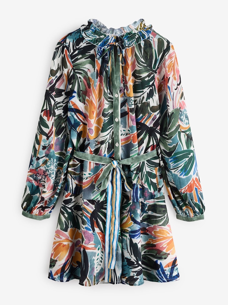 Green/Multicoloured Palm Print Boho Tie Waist Long Sleeve Mini Shirt Dress - Image 6 of 8