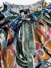 Green/Multicoloured Palm Print Boho Tie Waist Long Sleeve Mini Shirt Dress - Image 7 of 8