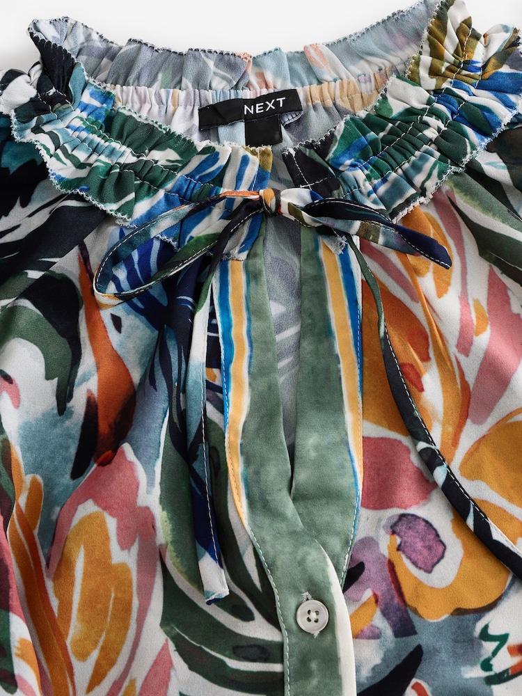 Green/Multicoloured Palm Print Boho Tie Waist Long Sleeve Mini Shirt Dress - Image 7 of 8