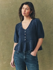 Indigo Blue Wash Puff Short Sleeve Doublecloth 100% Cotton Blouse - Image 1 of 7