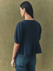 Indigo Blue Wash Puff Short Sleeve Doublecloth 100% Cotton Blouse - Image 2 of 7