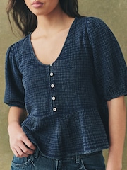 Indigo Blue Wash Puff Short Sleeve Doublecloth 100% Cotton Blouse - Image 3 of 7