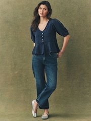 Indigo Blue Wash Puff Short Sleeve Doublecloth 100% Cotton Blouse - Image 4 of 7