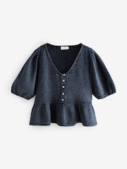 Indigo Blue Wash Puff Short Sleeve Doublecloth 100% Cotton Blouse - Image 5 of 7