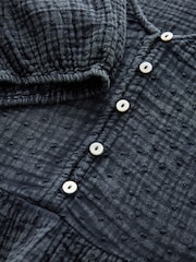 Indigo Blue Wash Puff Short Sleeve Doublecloth 100% Cotton Blouse - Image 6 of 7