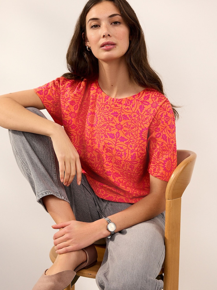 Morris & Co. St James Orange/Pink Print Bubble Hem Boxy T-Shirt - Image 1 of 8