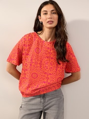 Morris & Co. St James Orange/Pink Print Bubble Hem Boxy T-Shirt - Image 2 of 8
