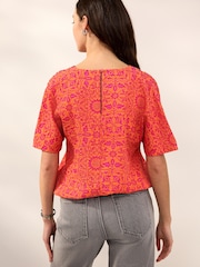Morris & Co. St James Orange/Pink Print Bubble Hem Boxy T-Shirt - Image 3 of 8