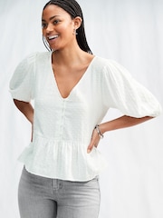 White Puff Short Sleeve Doublecloth 100% Cotton Blouse - Image 1 of 8