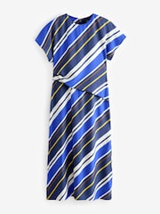 Navy Blue Stripe Short Sleeve Drape Detail Midi Dress - Image 1 of 3