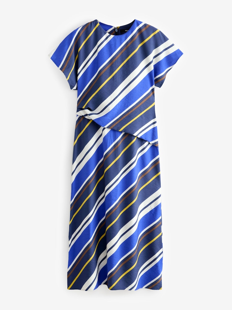 Navy Blue Stripe Short Sleeve Drape Detail Midi Dress - Image 1 of 3