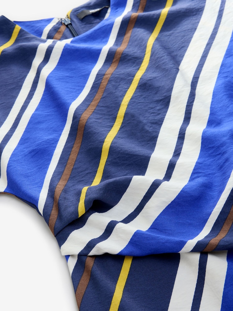 Navy Blue Stripe Short Sleeve Drape Detail Midi Dress - Image 2 of 3